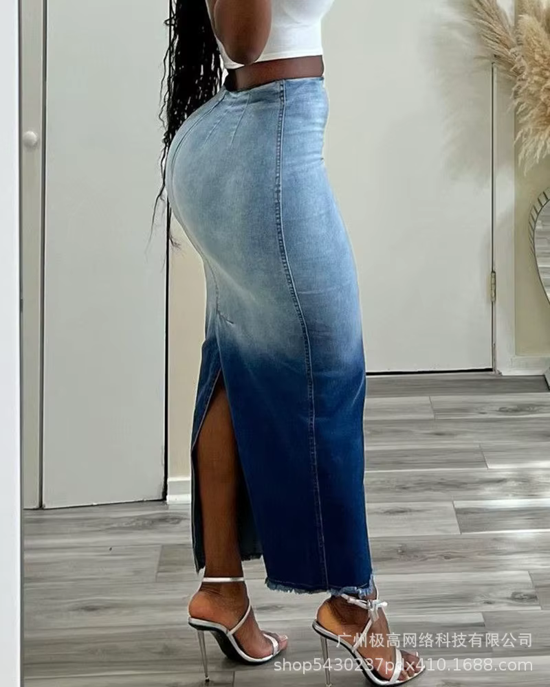 Robe courte en denim à imprimé tie-dye pour femme, jupes élégantes, ourlet brut, mode décontractée,
