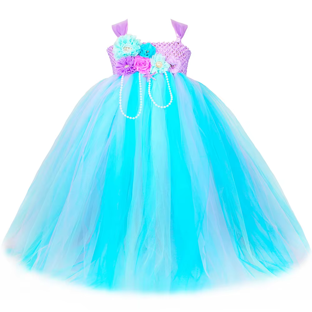 Robe Tutu princesse sirène pour filles, longue robe de fête d'anniversaire en Tulle à fleurs, robe d