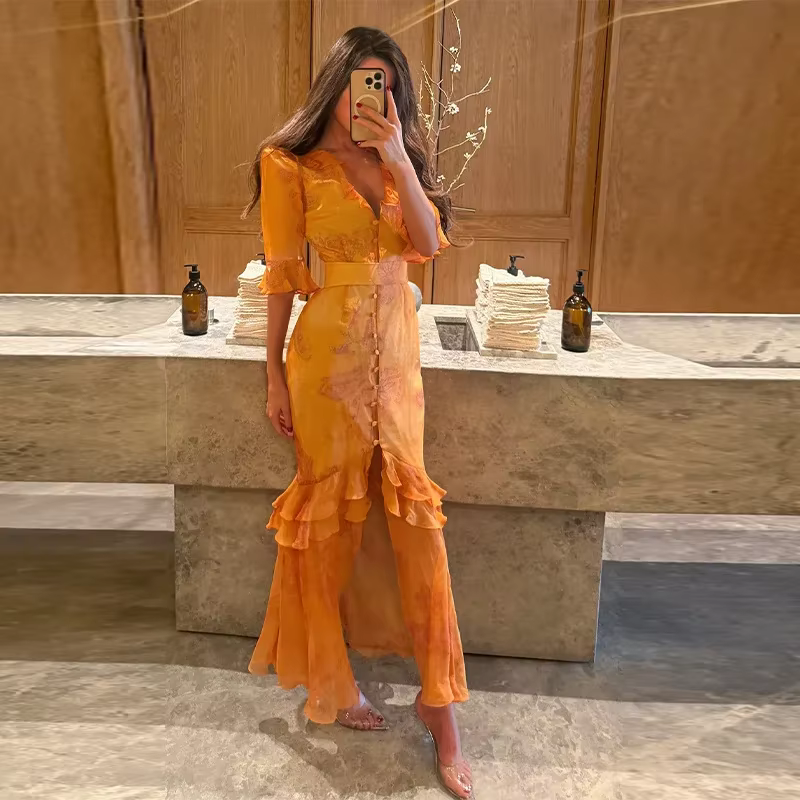 Robe longue orange à imprimé cachemire pour femme, col en V, volants, ceinture, ourlet fendu, collec
