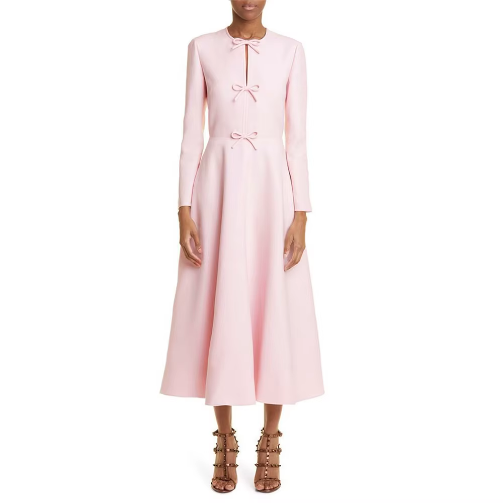 Robes de soirée rose pâle personnalisées pour femmes, manches longues, nœud, robe de soirée mi-longu