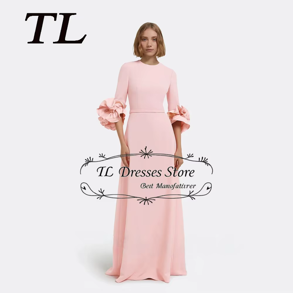 Robe de soirée longue personnalisée TL, rose, manches 3/4, plissée, avec ceinture à perles, coupe tr