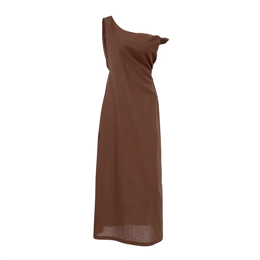 Robe marron à épaules dénudées, design estival pour femme, jupe longue à col diagonal cintrée à la t