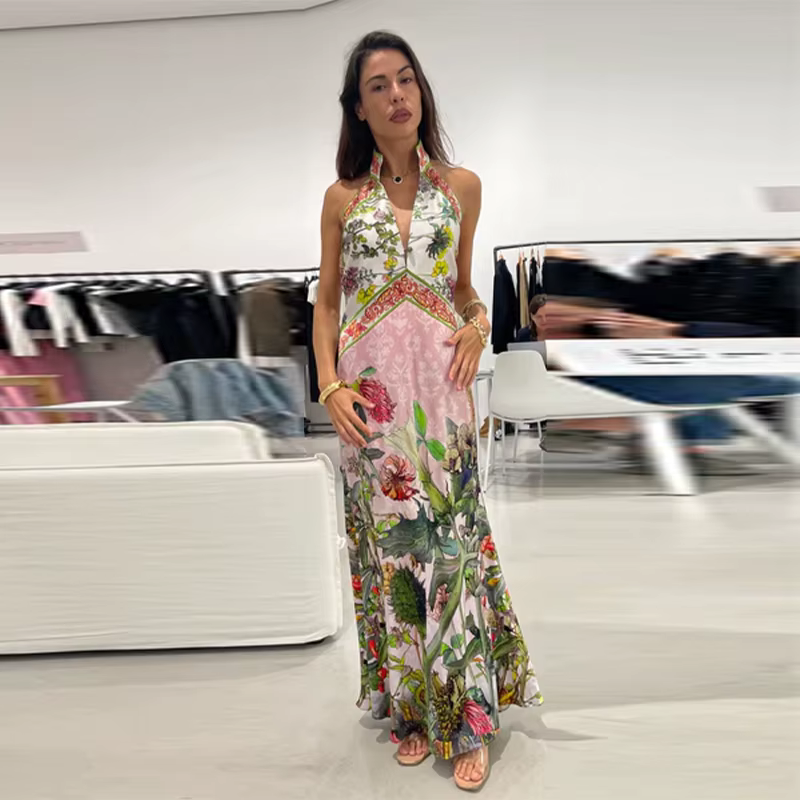 Robe longue imprimée pour femmes, col en v profond, sans manches, dos nu, taille cintrée, robes de s