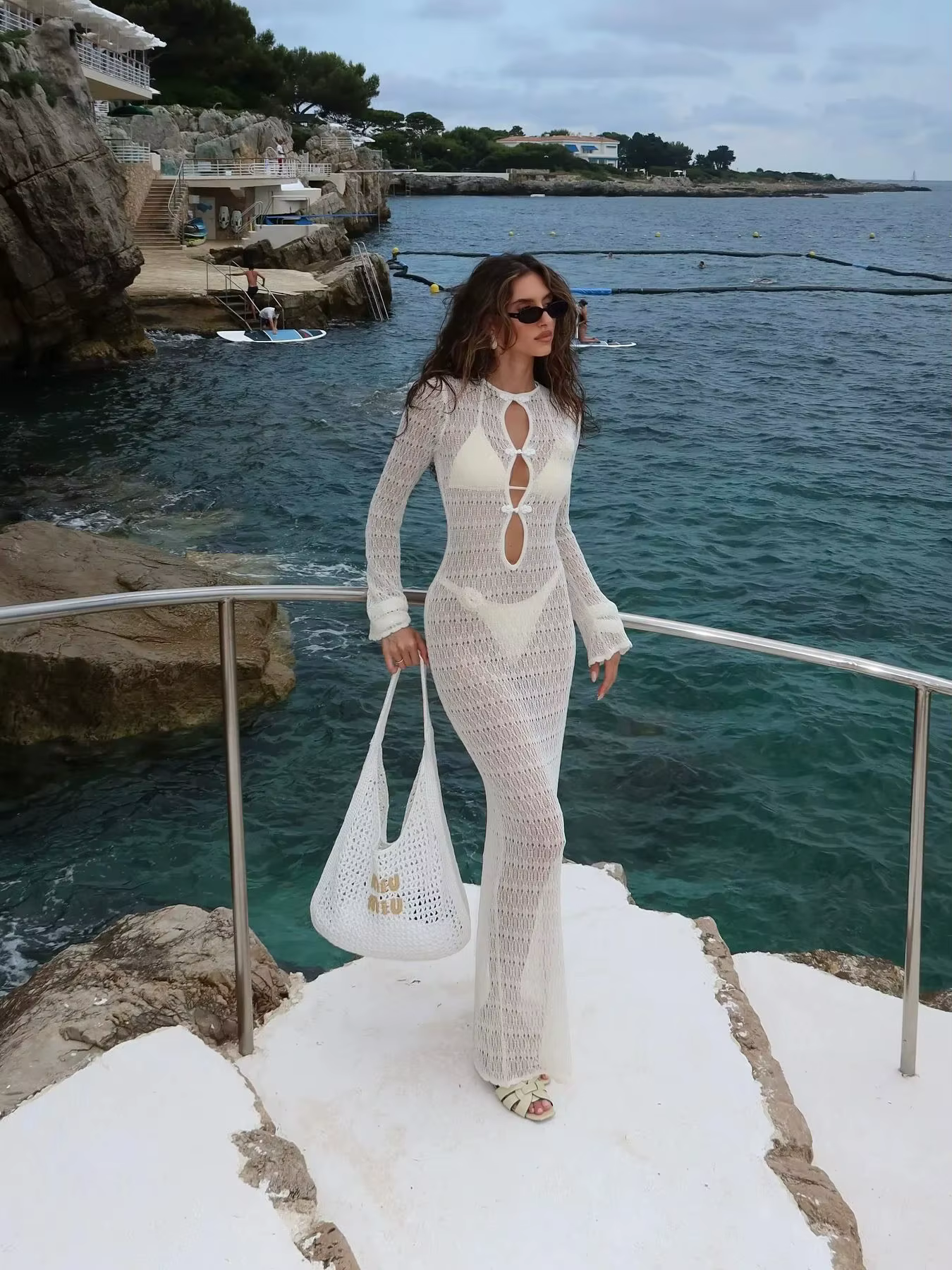 Robe longue en Crochet pour femmes, pull creux, robes de soirée, Cover-Up élégante, manches longues,