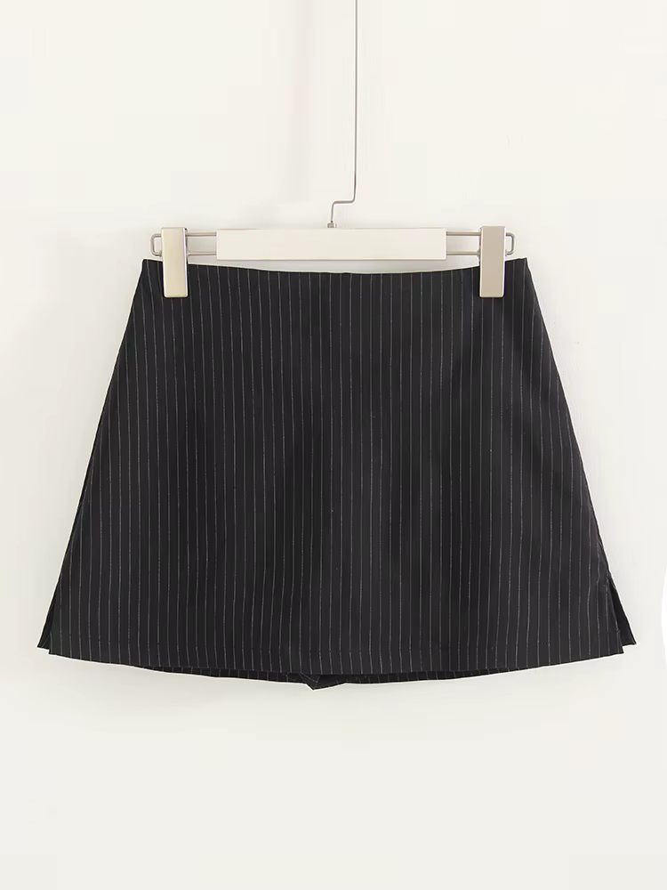 Jupe mini noire à rayures avec short intégré pour femme, coupe trapèze, fente latérale, jupe courte 