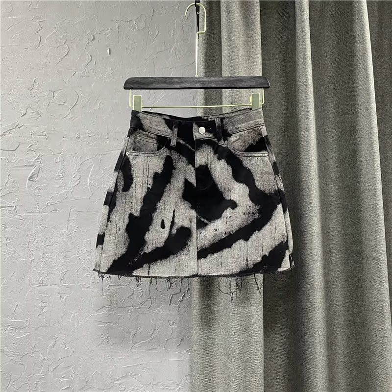 Jupe courte en denim à motif personnalisé, jupe trapèze frangée, jupe taille haute, mode polyvalente