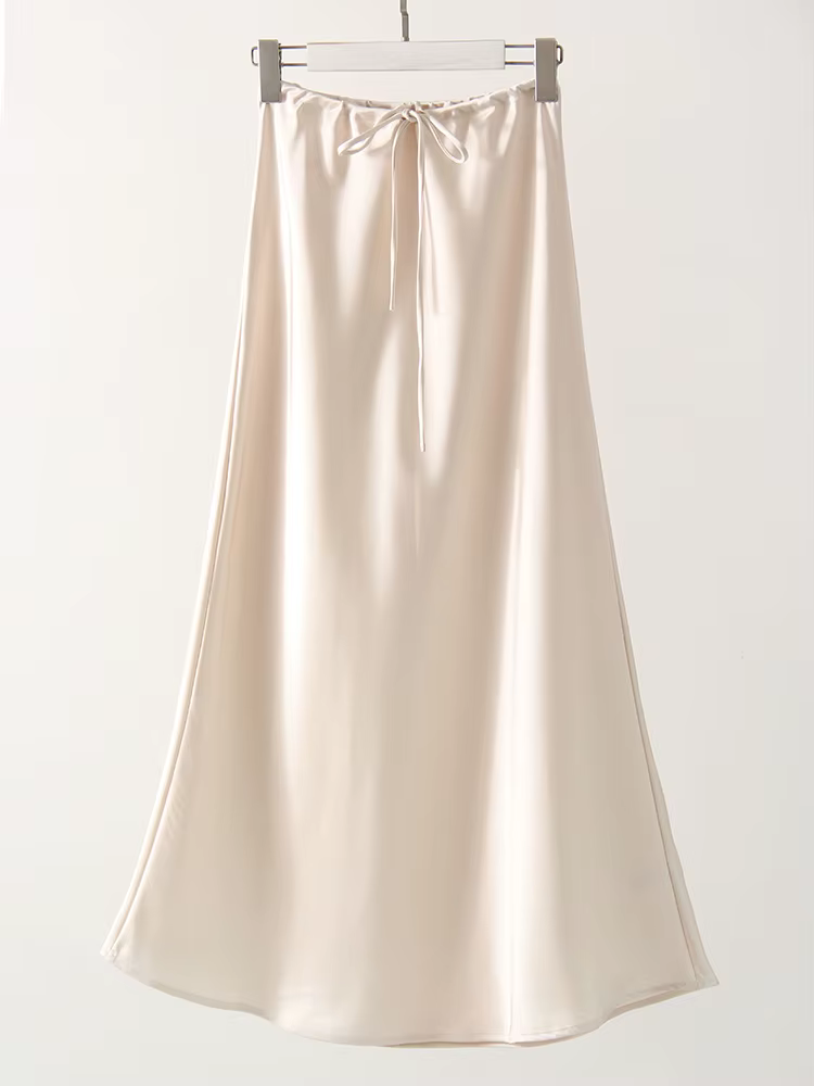 Champagne jupes longues pour femmes élégant 2025 luxe Satin jupe longue Beige une ligne cravate armé