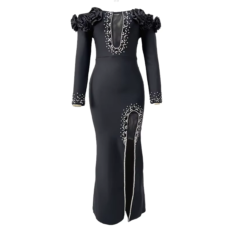 Robe longue à bandes rouge élégante, moulante, avec fleurs et embellissements de diamants, robes de