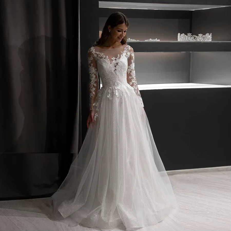 Robes De mariée personnalisées pour femmes, manches longues, avec des Appliques en Tulle, pour occas