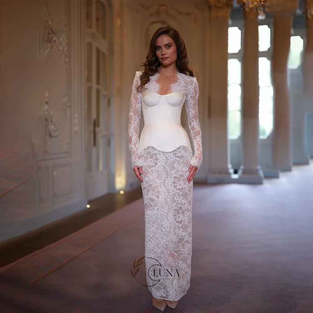 Robe de mariée Luna personnalisée, exquise, à manches longues en dentelle, élégante, col en V, avec 