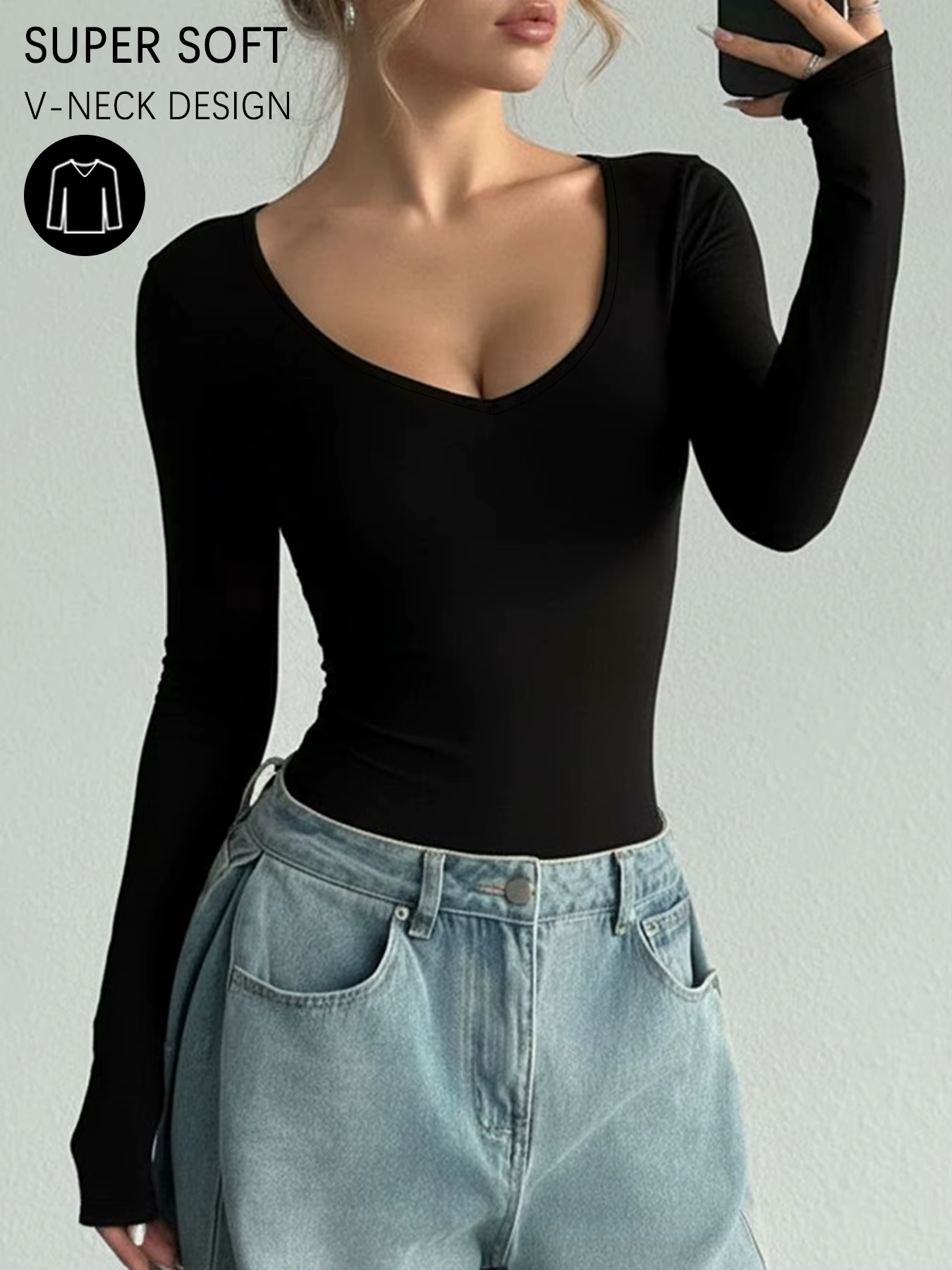 T-shirt à manches longues pour femme, col en V super doux et très extensible, coupe toutes saisons
