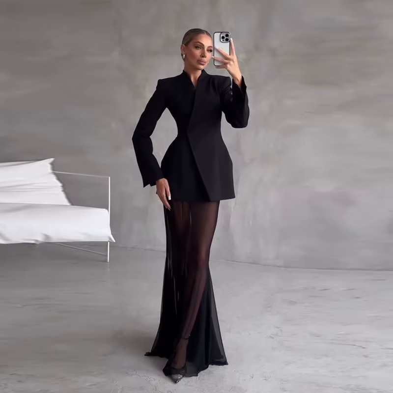 Femmes élégantes jupe ensemble Sexy INS à manches longues Corset Blazer veste voir à travers maille 