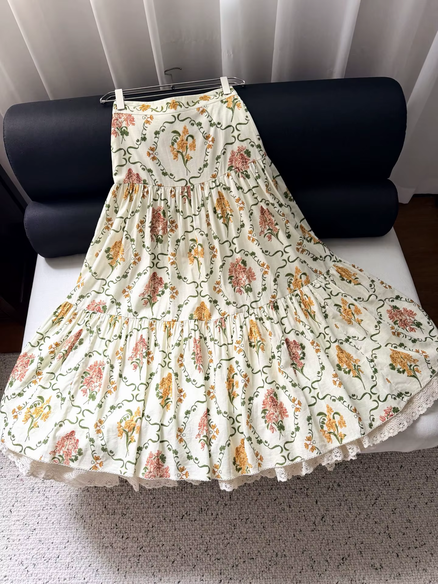 Jupe longue élégante pour femmes, imprimé floral, dentelle raffinée, 100% lin