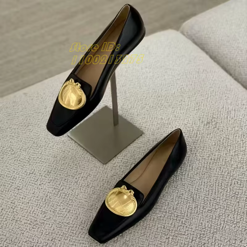 Mocassins plats rétro à bout carré avec boucle métallique, design monobloc, en cuir patchwork, chaus