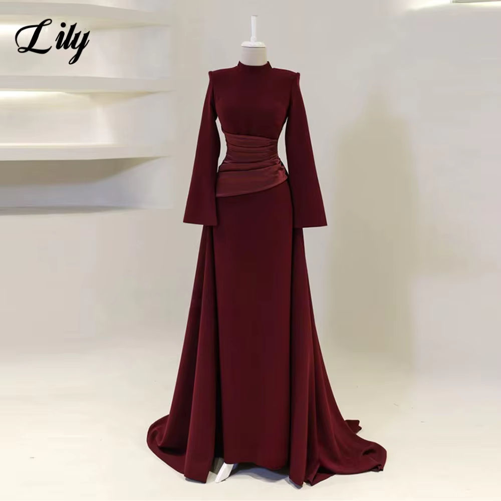 Lily bordeaux robes de bal élégantes col haut manches longues robes de soirée sirène Satin robes for