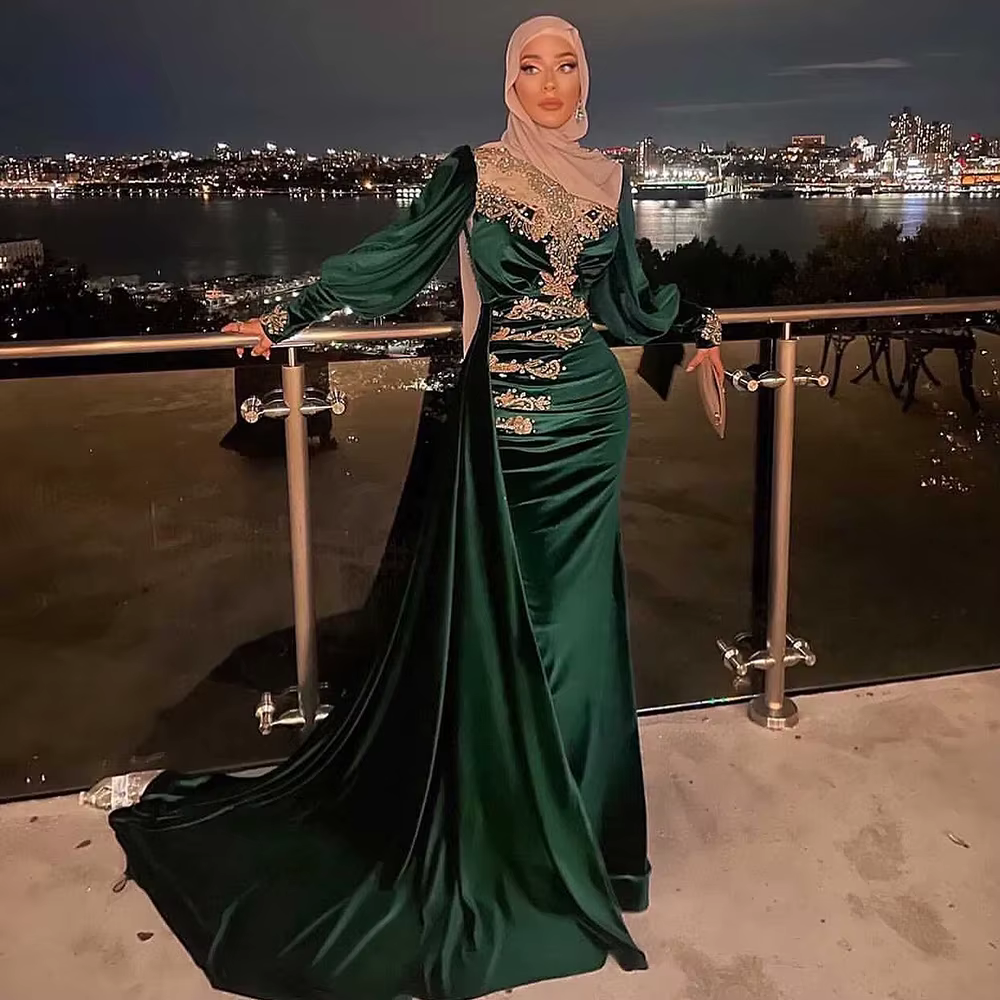 Robe de soirée musulmane élégante vert émeraude pour femme 2026, col rond, manches longues, coupe si