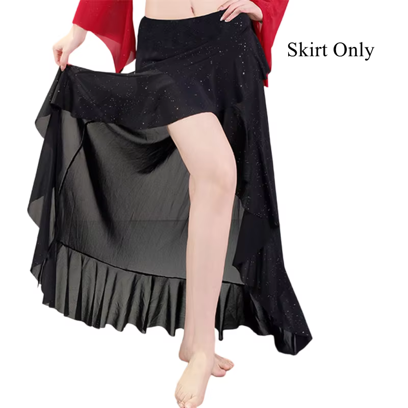Jupe de danse orientale scintillante pour femme, jupe asymétrique à volants avec short intégré, jupe