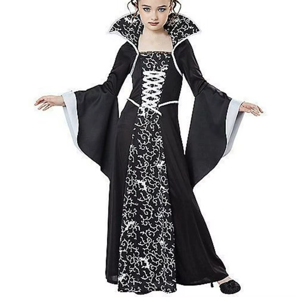 Col montant Halloween vêtements à lacets drôle Halloween sorcière longue robe fête cloche manches en