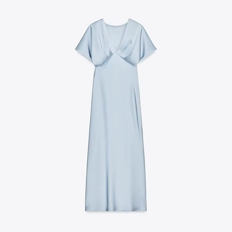 Robe longue en Satin plissée pour femmes, élégante, couleur unie, col en v, manches courtes, Robes d
