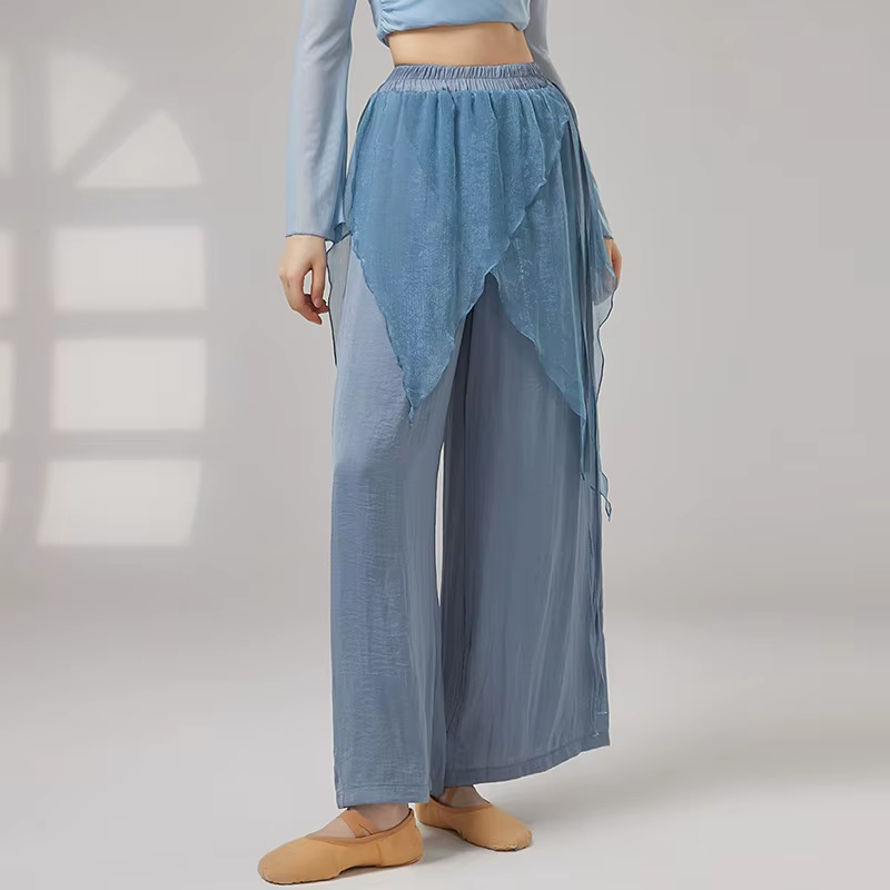 Pantalon de danse moderne asymétrique avec superposition de jupe transparente, pantalon large à doub