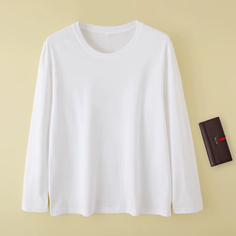 Femmes T-shirts à manches longues solide haut col en o coton blanc chemises à fond printemps automne