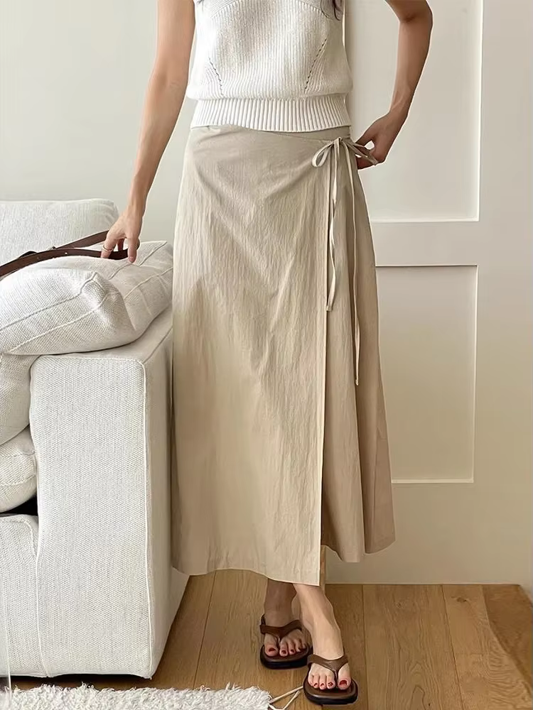 Jupe longue pour femme, en coton, style coréen chic, jupe droite pour femme, couleur unie kaki, tail