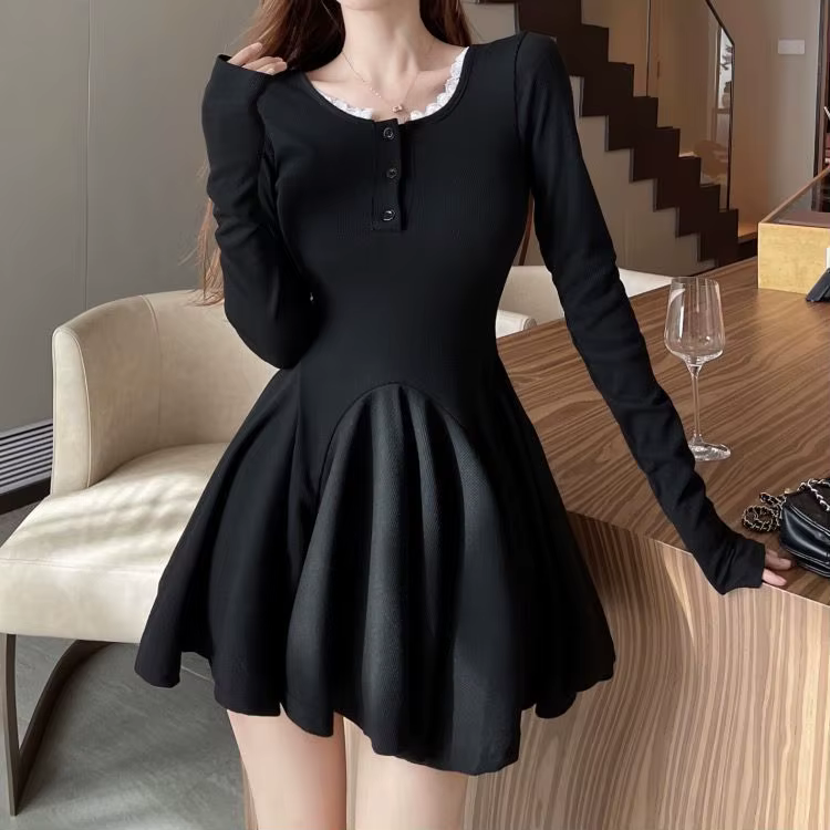 Robe bouffante noire à manches longues pour femmes, coupe cintrée, taille haute, jupe trapèze courte