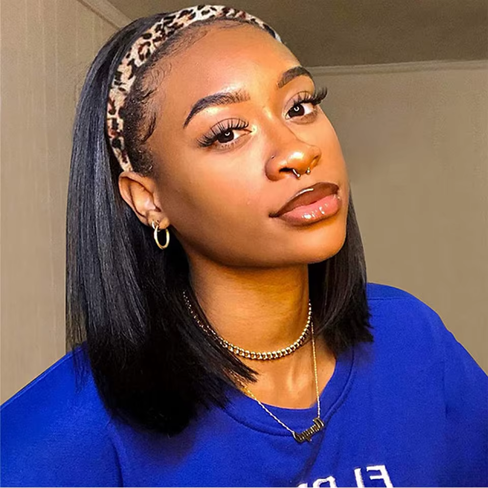 Bandeau Bob perruques cheveux humains courts raides pour les femmes noires porter et aller perruques