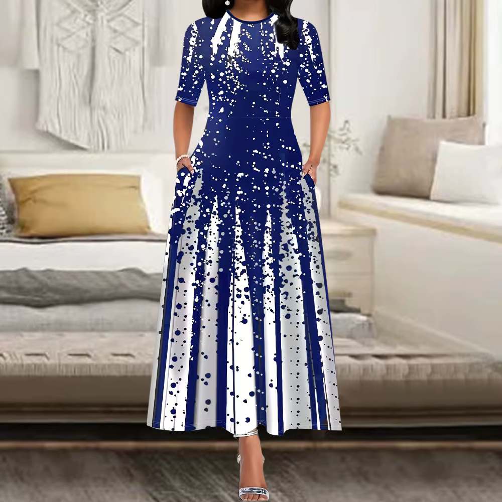 Robe longue de soirée élégante pour femmes, col rond, manches courtes, rétro, imprimé, décontracté,