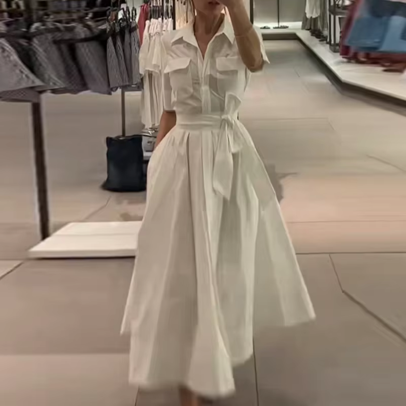 Robe longue kaki élégante à simple boutonnage pour femmes, manches courtes plissées, taille fine, ro