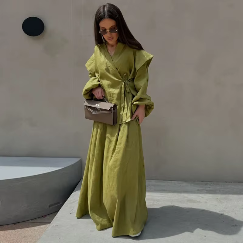 Chemise ample deux pièces à col rabattu pour femmes, manches longues, à lacets, ligne a, jupes longu