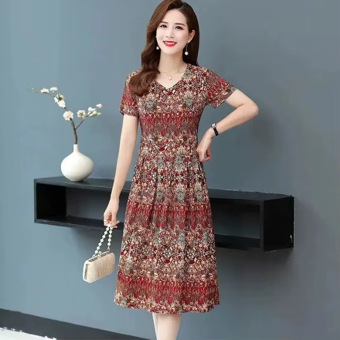 Robe mi-longue à manches courtes pour femmes, jupe trapèze imprimée, couvrant le ventre, amincissant