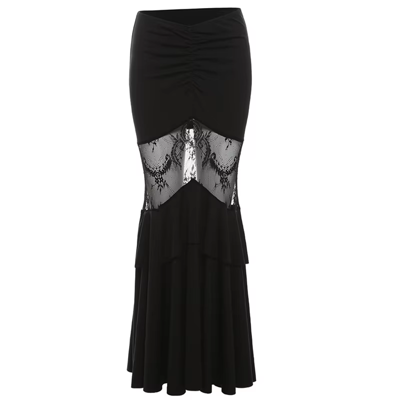 Jupe trompette sirène gothique pour femmes, vêtements sombres, Sexy, ajouré, taille haute, Slim, que