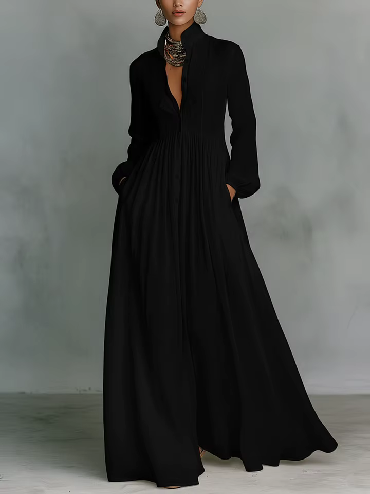 Robe longue plissée élégante 2026 pour femme, couleur unie, taille haute, poches, robe maxi plissée 