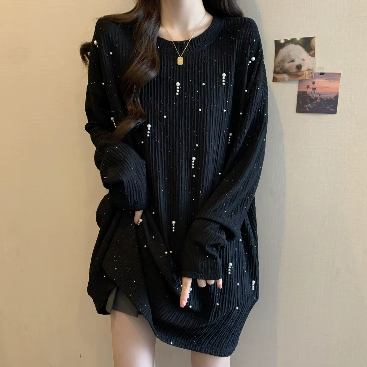 T-shirt à manches longues pour femmes, haut orné d'étoiles perlées, coupe ample, Look Slim, décontra