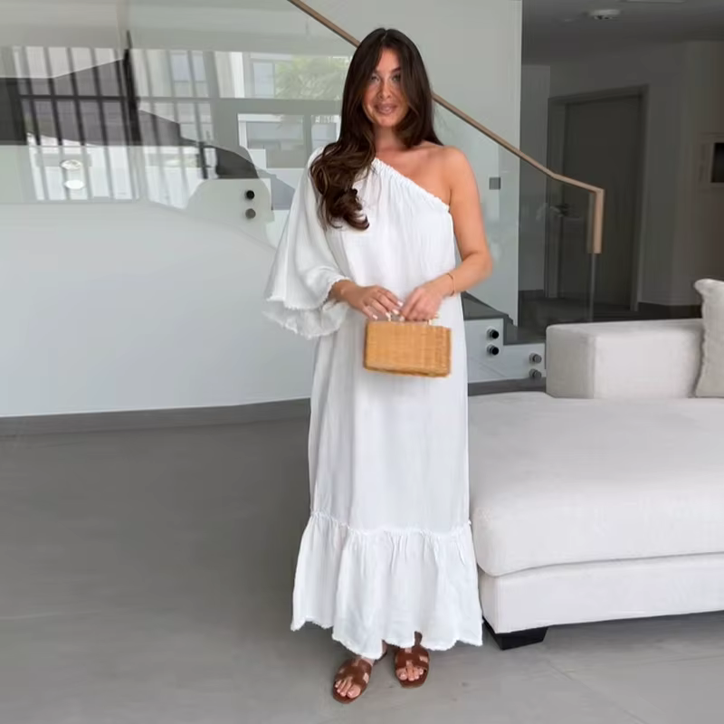Robe longue drapée pour femmes, asymétrique épaule dénudée, manches évasées, irrégulière, asymétriqu