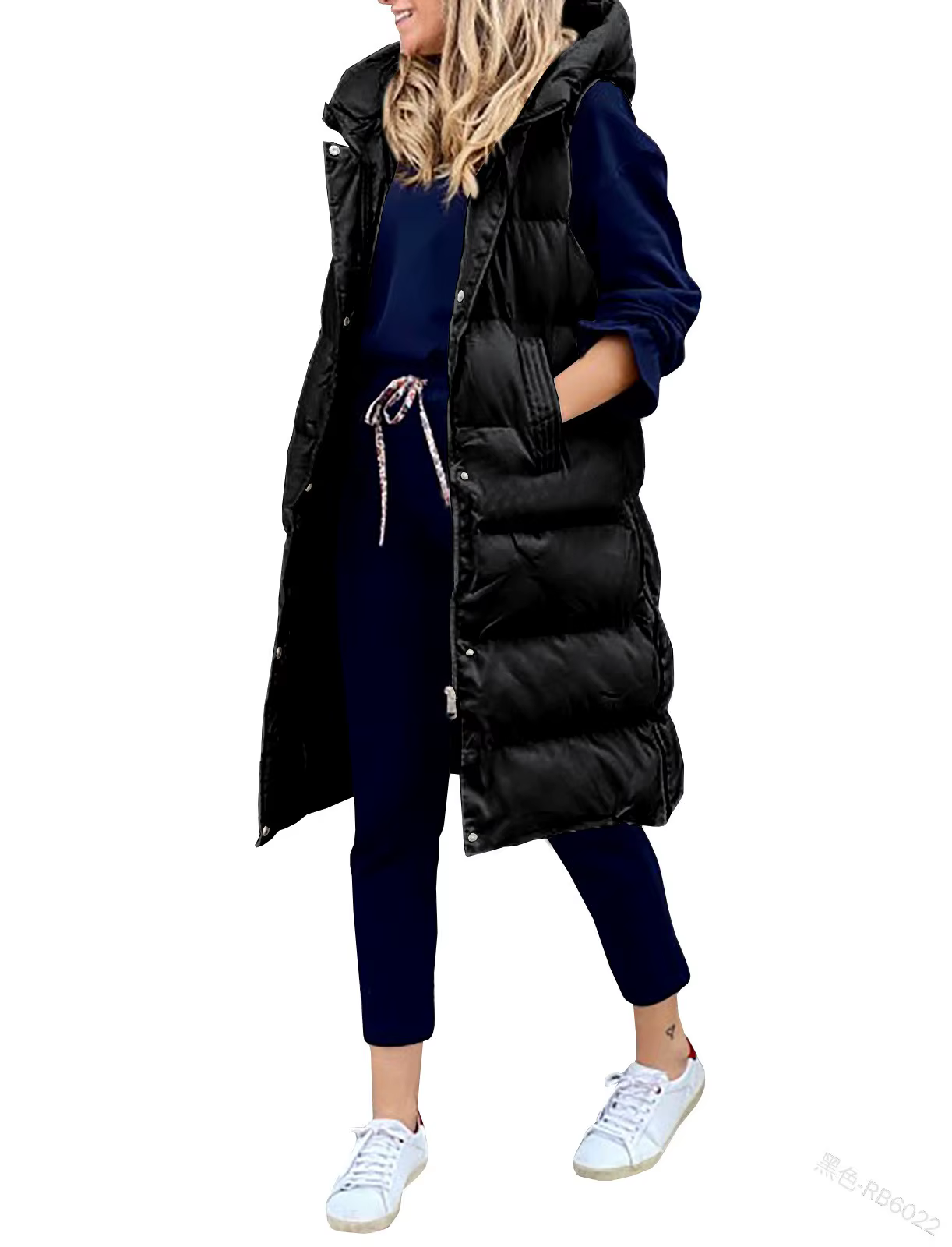 Femmes manteau Long gilet avec capuche automne hiver sans manches chaud coton vers le bas manteau gi