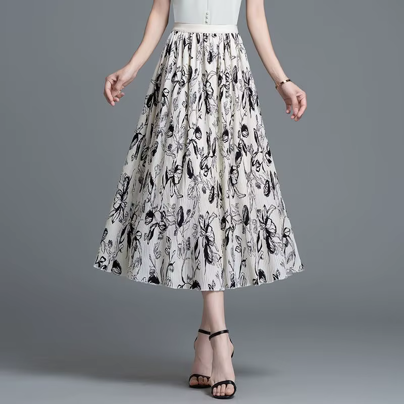 Jupe midi en mousseline de soie à imprimé floral pour femme, taille haute, coupe évasée, fluide, déc