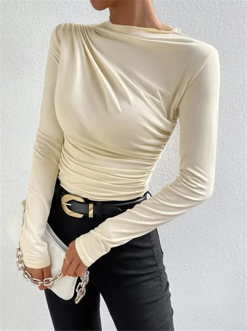 T-shirt basique à manches longues pour femmes, haut court, col oblique, monochromatique, streetwear 