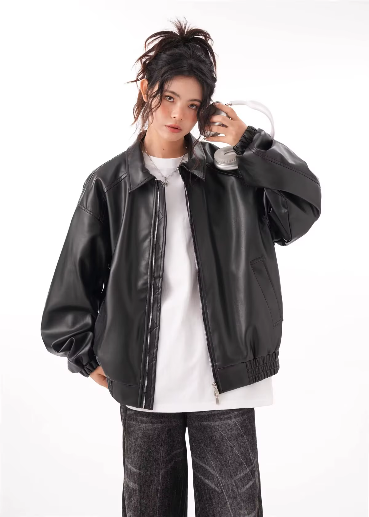 Veste de cavalier en similicuir PU pour femme, manches longues, fermeture à glissière à revers, robe