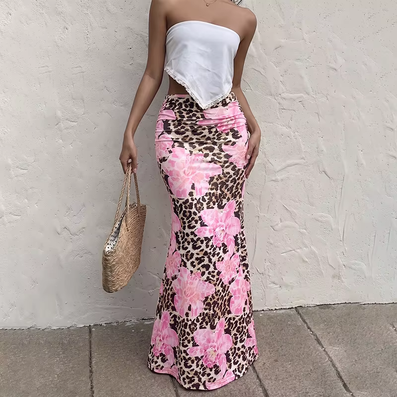 Jupe trapèze à queue de poisson pour femme, élégante robe longue à imprimé léopard taille haute pour