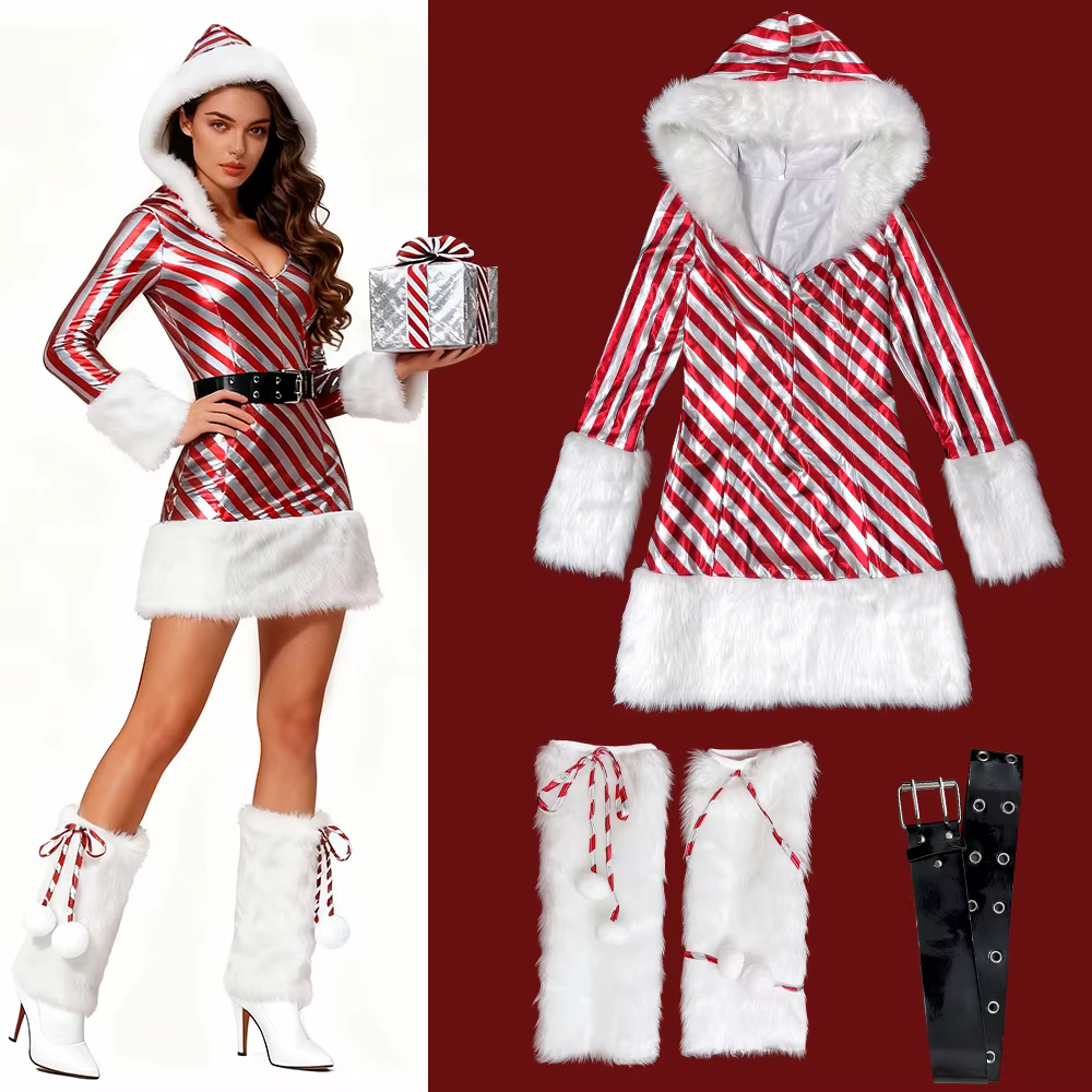 Costume de noël pour femmes adultes, jupe courte Sexy, robe à capuche rayée pour jeu de rôle de fête