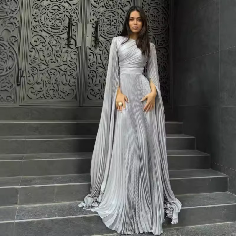 Robe longue de soirée pour femmes, manches évasées pliables, col rond, longueur au sol, taille serré
