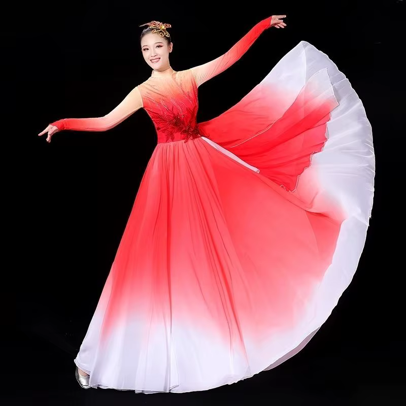 Robe de danse à ouverture rouge à manches longues, beau Costume de danse à fleurs moderne, vêtements