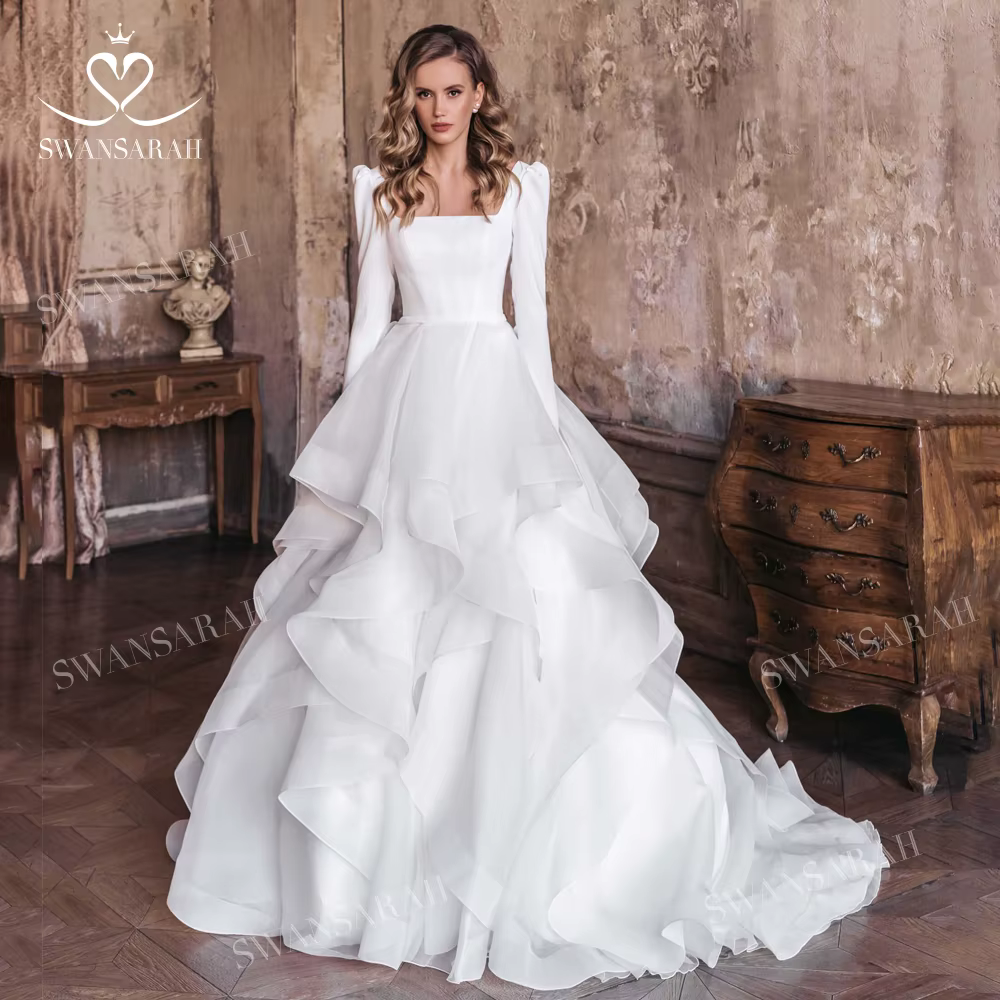Robe De mariée à manches longues, col carré, ligne a, traîne Court, princesse, SwanSarah N454, robe