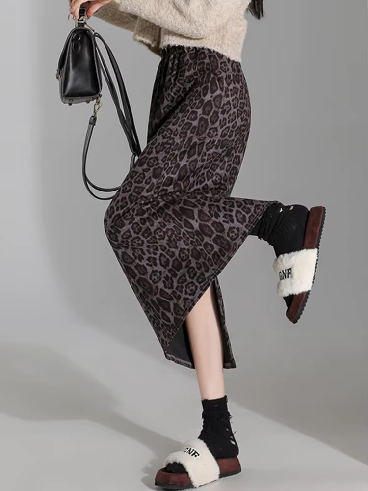 Jupe mi-longue imprimée léopard pour femmes, taille haute élastique, chic, fendue, élégante, dames d