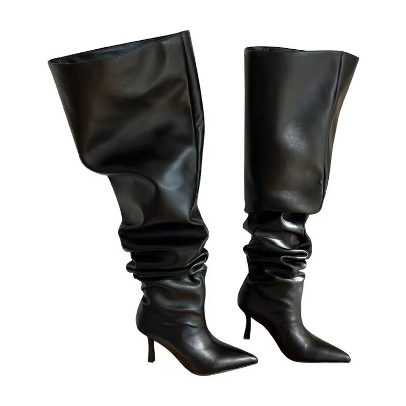 Bottes longues à jambes pointues pour femmes, talons hauts fins, bottes plissées confortables, mode 