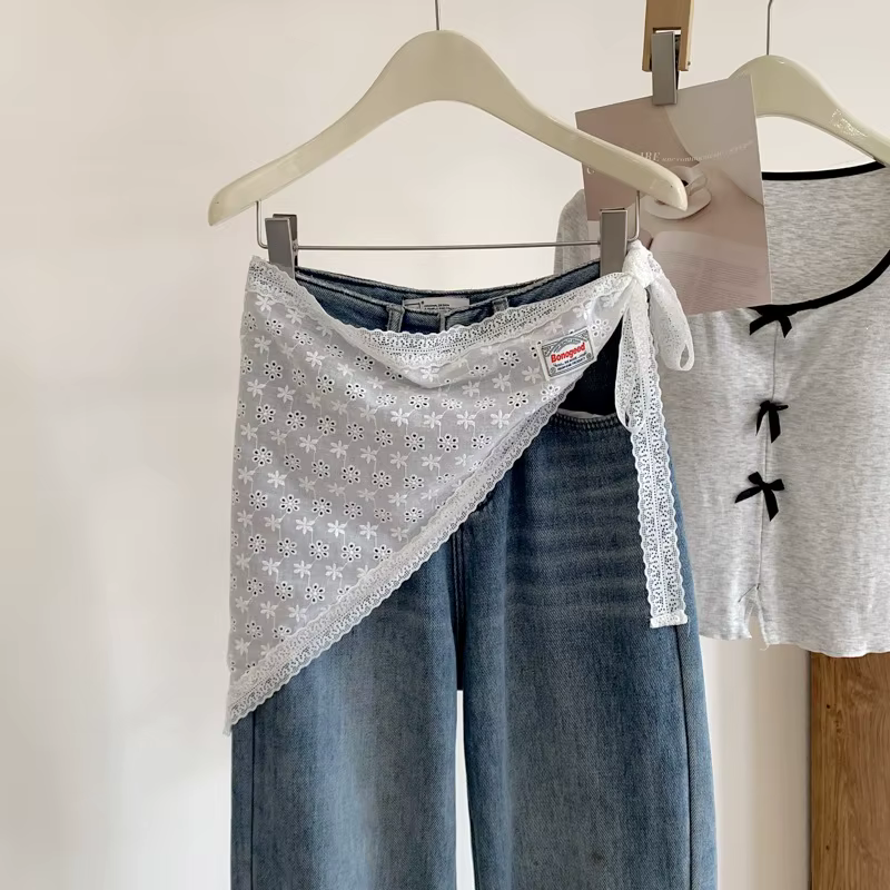 Jupe ceinturée en jean à motif triangle et dentelle pour filles, style coréen doux, avec ceinture dé