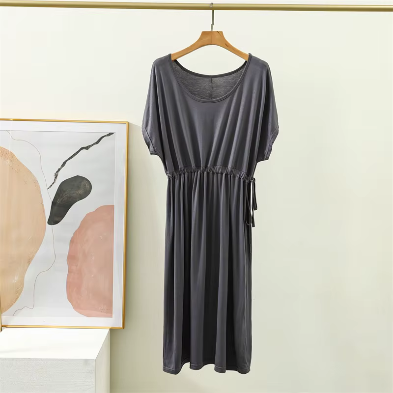 Robe de Nuit Mi-Longue pour Femme, Tenue Plissée, artificiel astique, à Manches Courtes, Confortable