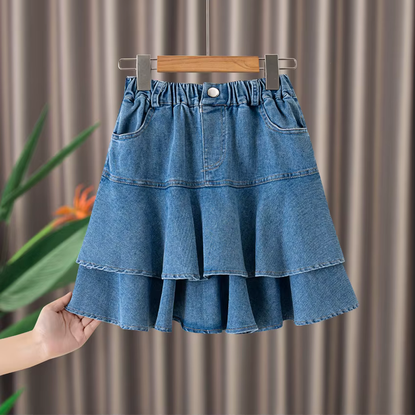 Jupe courte en denim à volants pour filles, jupe superposée, bleu, décontracté, tout match, adolesce